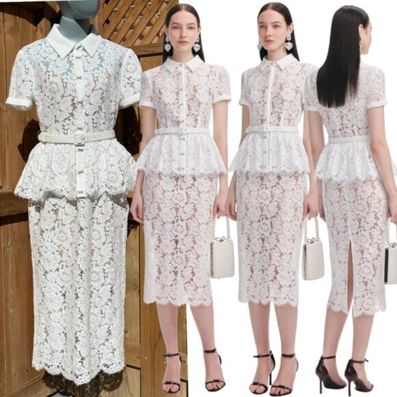🆕 SELF-PORTRAIT 🧿 NWOT White Lace Peplum Belted Midi Dress, Sz UK 10 US 6 - Picture 1 of 16